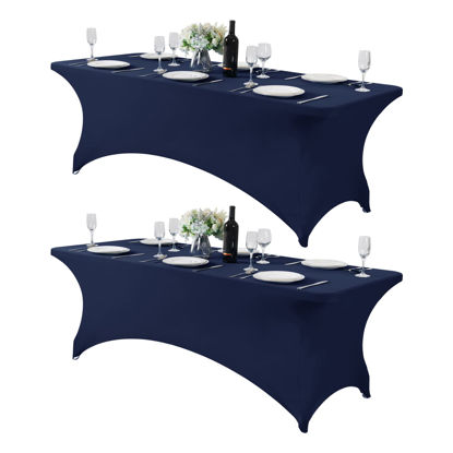 Picture of Hezuzo 2Pack Spandex Table Cover for 8FT Table Universal Fitted Stretch Tablecloth for Party, Banquet, Wedding and Events-Navy