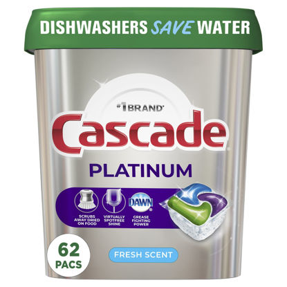 Picture of Cascade Platinum Dishwasher Pods, Actionpacs Dishwasher Detergent With Dishwasher Cleaner Action, Fresh Scent, 62 Count