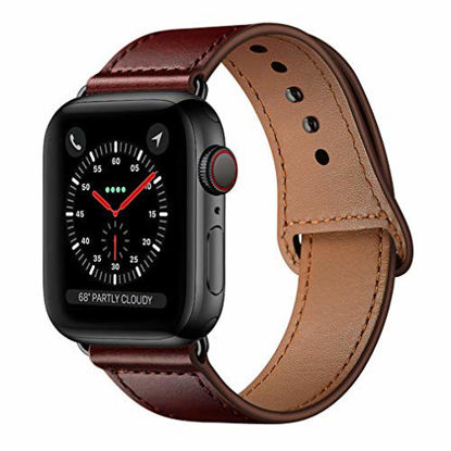 Picture of KYISGOS Compatible with iWatch Band 44mm 42mm 40mm 38mm, Genuine Leather Replacement Band Strap Compatible with Apple Watch SE Series 6 5 4 3 2 1 (Reddish Brown/Black, 44mm/42mm)