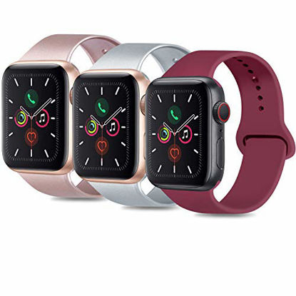 Picture of 3 PACK Sport Bands Compatible with Apple Watch Bands 38mm 42mm 40mm 44mm, Soft Silicone Replacement Strap for iWatch Series 5 4 3 2 1 (.Rose Gold/Silver/Wine Red, 42mm/44mm-S/M)