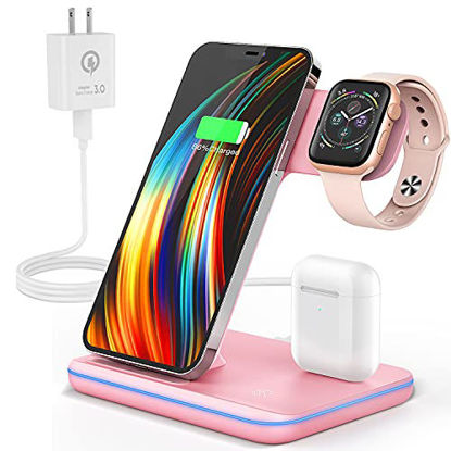 Picture of Wireless Charging Station - 2020 Upgraded Saferell 3 in 1 Wireless Charger Stand with Breathing Indicator Compatible with iPhone 12/11 Pro/XS/XR/8, Watch 6/SE/5/4/3 & AirPods for Girls Lady (Pink)