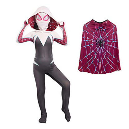 Picture of ZiXianGo Spider Kids Gwen Stacy Girl Costume for Girls Ghost Superhero Suit Halloween Cosplay Jumpsuit