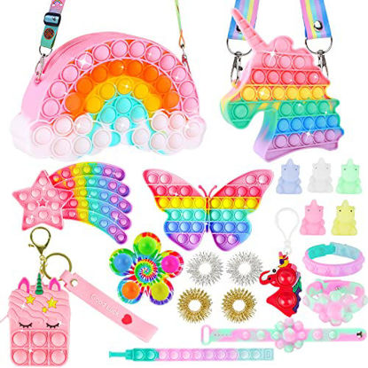 Picture of Pop Purse Pack Toy, Rainbow Cloud Push Unicorn Bag Cute Shoulder Crossbody Keychain, 1 2 3 4 5 6 7 8 9 10 Year Old Birthday Gifts for Kids Girl Christmas Stocking Stuffers