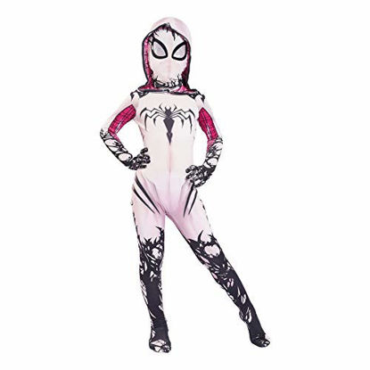 Picture of ZiXianGo Spider Kids Gwen Costume for Girls Ghost Superhero Suit Halloween Cosplay Jumpsuit