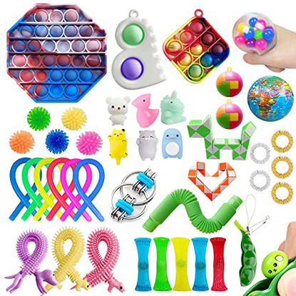 Picture of 42 Pack Sensory Pop Fidget Packs Mini Keychain Pop Toys Boys Girls Autism ADHD Stress Relief and Anti-Anxiety Toys Assortment