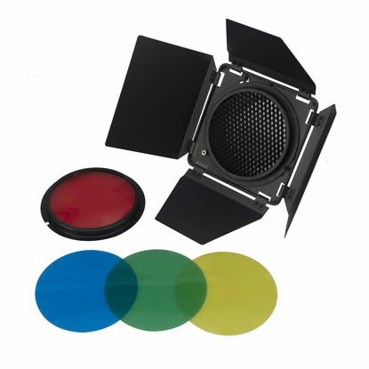 Picture of WELLMAKING (Barn Door) Barndoor with Honeycomb Grid and 4 Color Gel Filters (Red Orange Blue Green) for Any Led Lights, Itself Designed with Bowens Mount on The Back