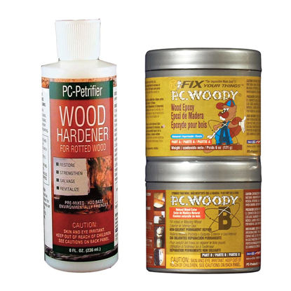 Picture of PC-Products Wood Repair Epoxy Paste and Wood Hardener Kit, PC-Woody 6 oz and PC-Petrifier 8 oz