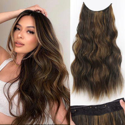 Picture of KooKaStyle Invisible Wire Hair Extensions with Transparent Wire Adjustable Size 4 Secure Clips Long Wavy Secret Wire Hairpiece 24 Inch for Women (Balayage Dark Brown to Chestnut)