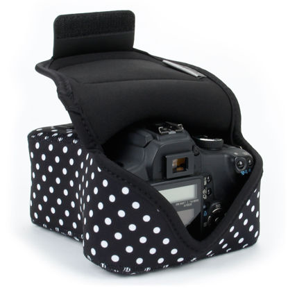 Picture of USA GEAR DSLR Camera Sleeve with Neoprene Protection, Holster Belt Loop and Accessory Storage - Compatible with Canon EOS Rebel T7, T8, SL3, R7, Nikon D3400, Pentax K-70 and Many More (Polka Dot)