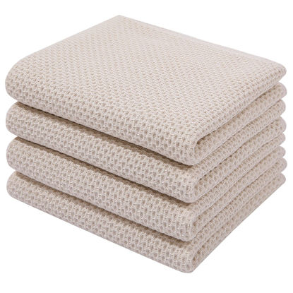Picture of Homaxy 100% Cotton Waffle Weave Kitchen Dish Towels, Ultra Soft Absorbent Quick Drying Cleaning Towel, 13x28 Inches, 4-Pack, Beige
