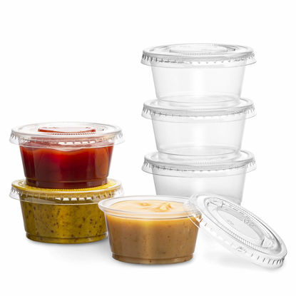 Picture of Plastimade Clear Disposable Plastic Portion Cups With Lids (100 Sets - 2 Oz) - Disposable Condiment Cups, Sauce/Dip/Dressing Cups, Souffle Cups & Jello Shot Cups With Lids | Great Sampling Container
