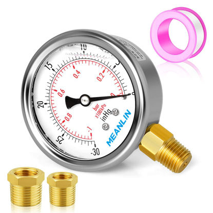 Picture of MEANLIN MEASURE -30~0Psi Stainless Steel 1/4" NPT 2.5" FACE DIAL Vacuum Pressure Gauge, Lower Mount, with 1/4" x 1/2" NPT and 1/4" x 3/8" NPT Hex Bushing