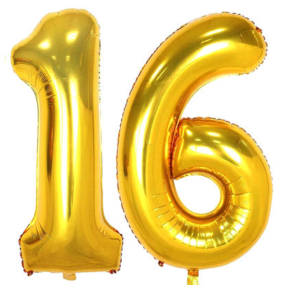 Picture of 16 Number Balloons Gold Big Giant Jumbo Number 16 Foil Mylar Balloons for 16th Birthday Party Supplies 16 Anniversary Events Decorations