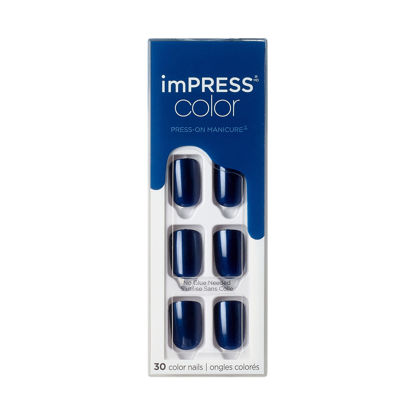 Picture of KISS imPRESS Color Press-On Nails, Nail Kit, PureFit Technology, Short Length, “Never Too Navy”, Polish-Free Solid Color Manicure, Includes Prep Pad, Mini Nail File, Cuticle Stick, and 30 Fake Nails