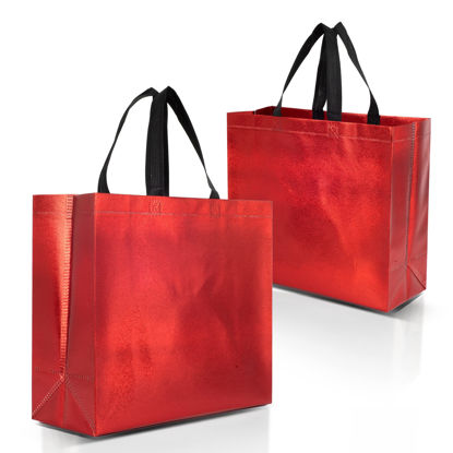 Picture of Nush Nush 12 Red Gift Bags Set, Non-Woven Reusable Shiny Gift Bags with Glossy Red Finish - Ideal As Birthday Bag, Favor Bags, Goodie Bags for Wedding, Birthday Party -13x5x11 Medium-Large Size