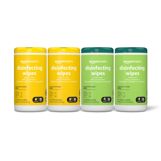 Picture of Amazon Basics Disinfecting Wipes, Lemon & Fresh Scent, Sanitizes/Cleans/Disinfects/Deodorizes, White, 340 Count (4 Packs of 85) (Previously Solimo)