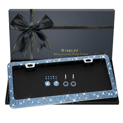 Picture of Bling License Plate Frame for Women, 1PCS Sparkly License Plate Frames| Over 1200 pcs 14 Facets Bedazzled Clear Glass Diamond Rhinestone Crystals w/Free Glitter Diamond Box (Light Blue)