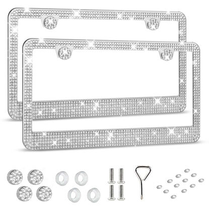 Picture of HOTOR License Plate Frame - Lastingly Bling License Plate Holder, Sparkly License Plate Frame for Women, Stainless Steel & Obstruction-Free License Plate Frame with Multifaceted Rhinestones