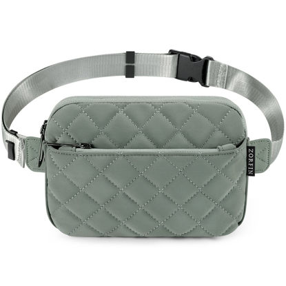 Picture of ZORFIN Fanny Packs for Women Men, Crossbody Fanny Pack, Quilted Belt Bag with Adjustable Strap, Fashion Waist Pack for Workout/Running/Hiking(Quilted Light Gray, Gray Zipper)