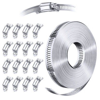 Picture of Steelsoft 304 Stainless Steel Hose Clamp Assortment Kit DIY, Cut-To-Fit 35 FT Metal Strap+16 Stronger Fasteners, Large Adjustable Worm Gear Hose Clamps Screw Clamps Duct Pipe Metal Clamp Strapping