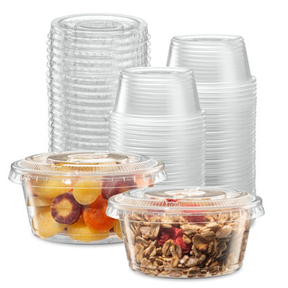 Picture of (3.25 oz - 100 Sets) Clear Diposable Plastic Portion Cups With Lids, Small Mini Containers For Portion Controll, Jello Shots, Meal Prep, Sauce Cups, Slime, Condiments, Medicine, Dressings,
