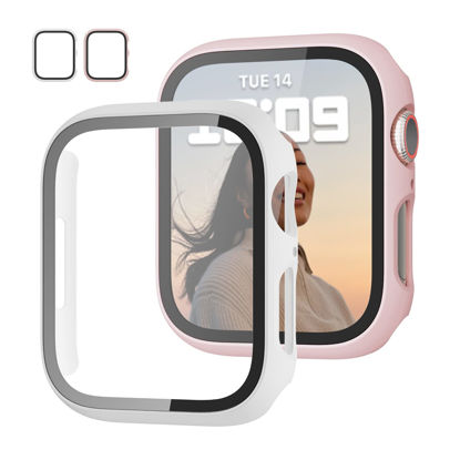 Picture of 2 Pack Case with Tempered Glass Screen Protector for Apple Watch Series 8 Series 7 45mm,JZK Slim Guard Bumper Full Hard PC Protective Cover HD Thin Cover for iWatch 8/7 45mm Accessories,Pink+White