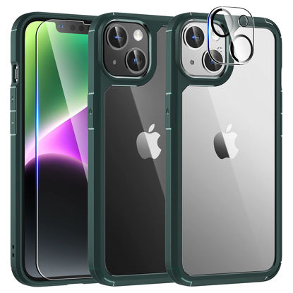 Picture of TAURI [5 in 1 Designed for iPhone 14 Plus Case, [Not-Yellowing] with 2X Tempered Glass Screen Protector + 2X Camera Lens Protector, [Military-Grade Drop Protection] Slim Phone Case 6.7 Inch Green