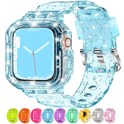 Picture of XYF Compatible for Crystal Clear Apple Watch Bands, 45mm 44mm 42mm 41mm 40mm 38mm with Bumper Case for Women Jelly Sport Case and Band for iWatch Series 8 7 SE/6 5 4 3 2 1 (GlitterBlue, 38/40/41mm)