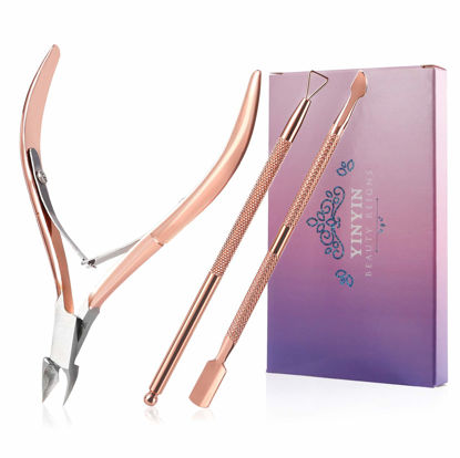 Picture of Cuticle Trimmer with Cuticle Pusher and Cutter,YINYIN Cuticle Remover Cutter Nipper Clippers Durable Pedicure Manicure Tools for Fingernails and Toenails(D501-RoseGold)…