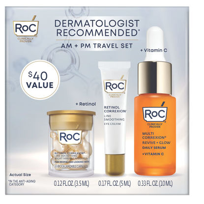 Picture of RoC AM + PM Travel Gift Set with Line Smoothing Retinol Eye Cream .25 oz, Retinol Capsules 10ct, and 10% Active Blend Vitamin C Serum