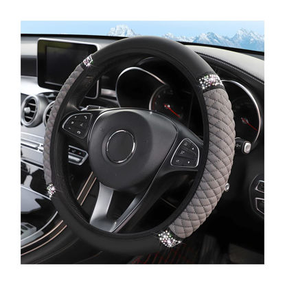 Picture of Bling Soft Leather Steering Wheel Cover, 15 Inch Colorful Rhinestones Auto Elastic Steering Wheel Protector, Sparkly Crystal Diamond for Women Girls, Car Interior Accessories (Gray)