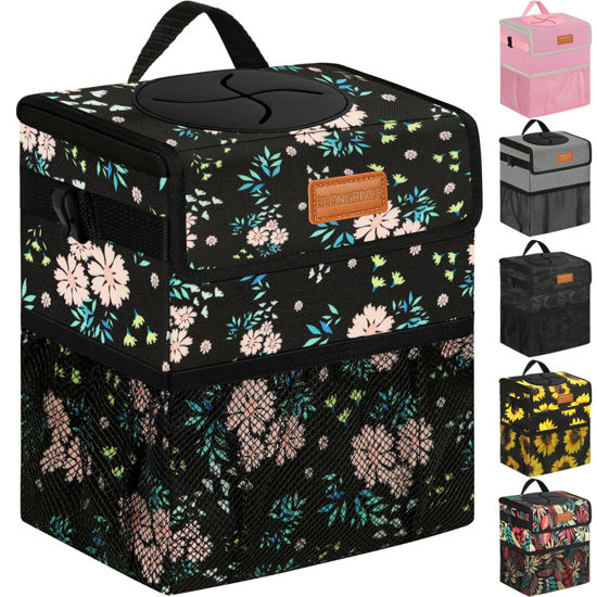 Picture of ELONGRIVER Car Trash Can Bin for Car Back Seat Leak Proof, Cute Car Trash Bag Hanging, Vehicle Trash Can for SUV Truck Van, Automotive Car Garbage Cans Front Seat Colorful Floral
