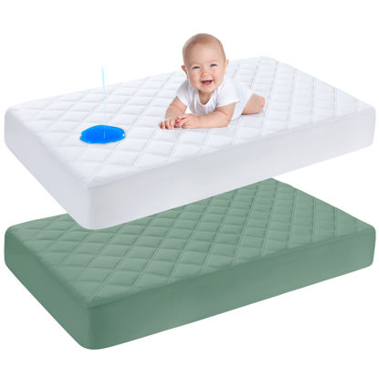 Picture of Yoofoss 2 Pack Waterproof Crib Mattress Protector, Quilted Fitted Crib Mattress Pad, Ultra Soft Breathable Toddler Mattress Protector Baby Crib Mattress Cover (White and Dark Green, 52''x28'')