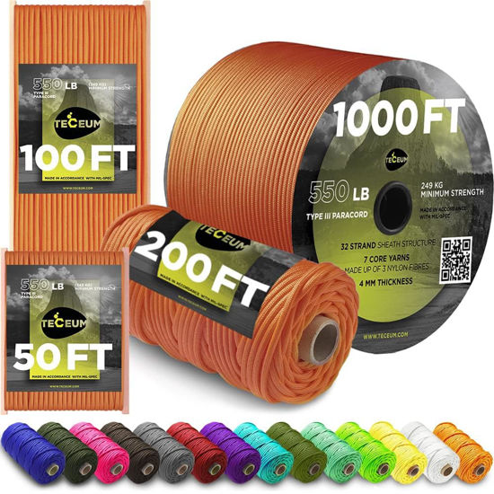 Picture of TECEUM Paracord Type III 550 Orange Yellow - 1000 ft - 4mm - Tactical Rope MIL-SPEC - Outdoor para Cord - Camping Hiking Fishing Gear - EDC Parachute Cord - Strong Survival Rope 044 N