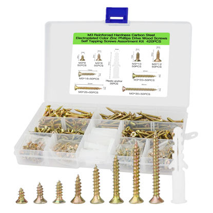 Picture of M3 Flat Head Wood Screws Assortment Fasteners Kit 420pcs,Phillips Drive Countersunk Head Self-Tapping Screws,Yellow Zinc Plated Finish,Contains 20pcs M6 Screw Anchors