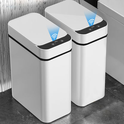Picture of Yatmung 2 Pack - 2.5 Gallon Smart Trash Can Sensor Motion Slim Touchless Bathroom Trash Can - Skinny Trash Bin with Lid - Electric, Narrow, Plastic, Auto Open - Small Automatic Garbage Can (White)