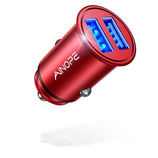 Picture of Car Charger, AINOPE Smallest 4.8A All Metal Car Charger Adapter Fast Charge USB Car Charger Flush Fit Compatible with iPhone 13/12/11 pro/XR/x/7/6s, iPad Air 2/Mini 3, Samsung Note 9/S10/S9/S8-Red