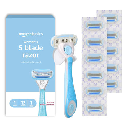 Picture of Amazon Basics 5-Blade Razor for Women, Handle, 12 Cartridges & Shower Hanger, Cartridges Fit Amazon Basics Razor Handles only, 14 Piece Set, Blue (Previously Solimo)