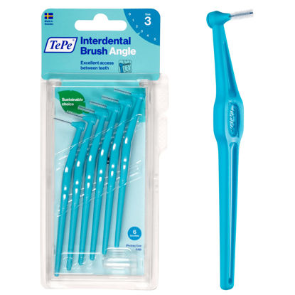 Picture of TEPE Interdental Brush Angle, Angled Dental Brush for Teeth Cleaning, Pack of 6, 0.6 mm, Medium Gaps, Blue, Size 3