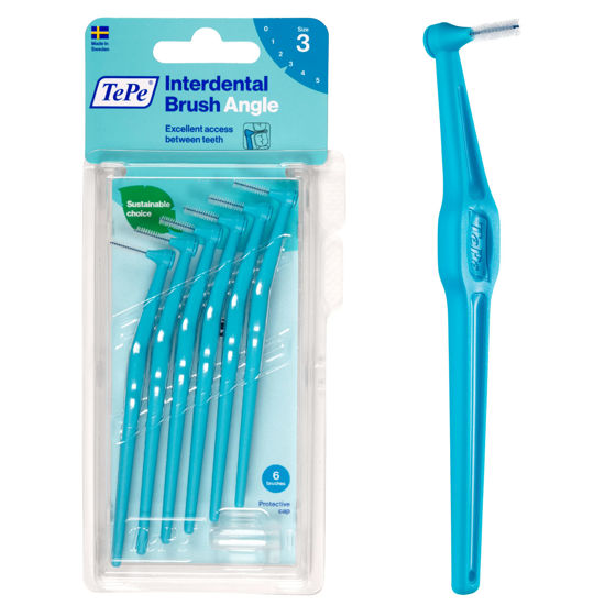Picture of TEPE Interdental Brush Angle, Angled Dental Brush for Teeth Cleaning, Pack of 6, 0.6 mm, Medium Gaps, Blue, Size 3