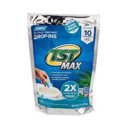 Picture of Camco TST MAX RV Toilet Treatment Drop-INs | Control Unwanted Odors and Break Down Waste and Tissue | Septic Tank Safe | Ocean Breeze Scent | 10-pack (41613)