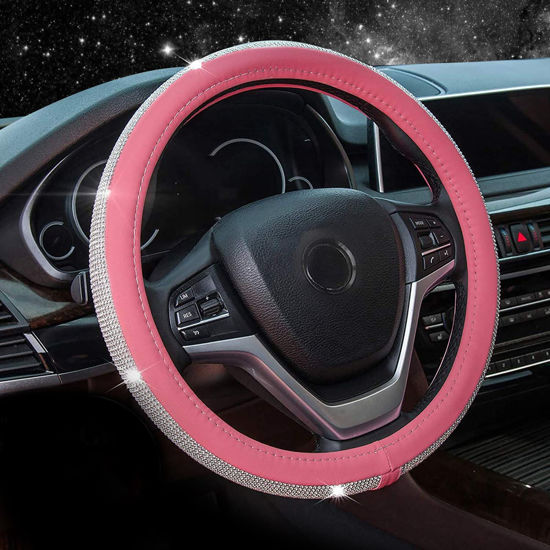 Picture of Diamond Leather Steering Wheel Cover with Bling Bling Crystal Rhinestones,Large-Size for F150 F250 F350 Ram 4Runner Tacoma Tundra Range Rover Model S X with 15 1/2 inches-16 inches (Pink)