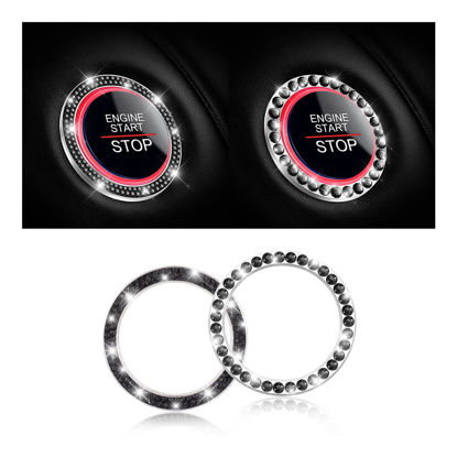 Picture of Car Bling Crystal Rhinestone Engine Start Ring Stickers, 1 Single Drainage Drill and 1 Double Drainage Drill Car Start Button Cover, Key Ignition Knob Bling Ring Decals, Bling Car Accessories(Black)