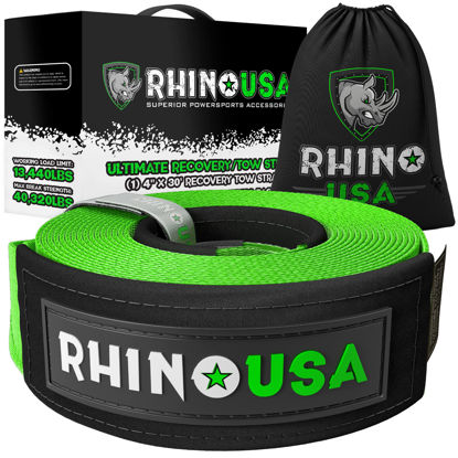 Picture of Rhino USA Recovery Tow Strap (4" x 30') Lab Tested 40,320lb Break Strength, Premium Draw String Bag Included, Triple Reinforced Loop Straps to Ensure Peace of Mind - Emergency Off Road Towing Rope