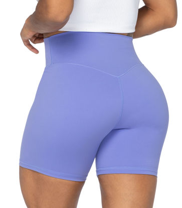Picture of Sunzel 5" High Waist Biker Shorts for Women No Front Seam Soft Yoga Workout Gym Bike Shorts Tummy Control Squat Proof Purple