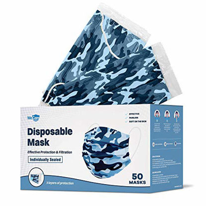 Picture of WECARE Disposable Face Mask Individually Wrapped - 50 Pack, Blue Camo Masks - 3 Ply