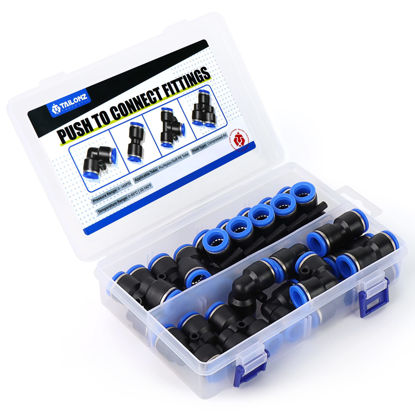 Picture of TAILONZ PNEUMATIC 10mm od Push to Connect Fittings Pneumatic Fittings Kit 5 Spliters+5 Elbows+5 tee+5 Straight (20 pcs)