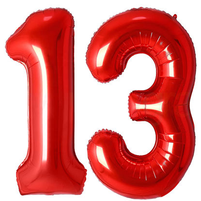 Picture of 13 Number Balloons Red Big Giant Jumbo Number 13 Foil Mylar Balloons for Sweet 13th Birthday Party Supplies 13 Anniversary Events Decorations