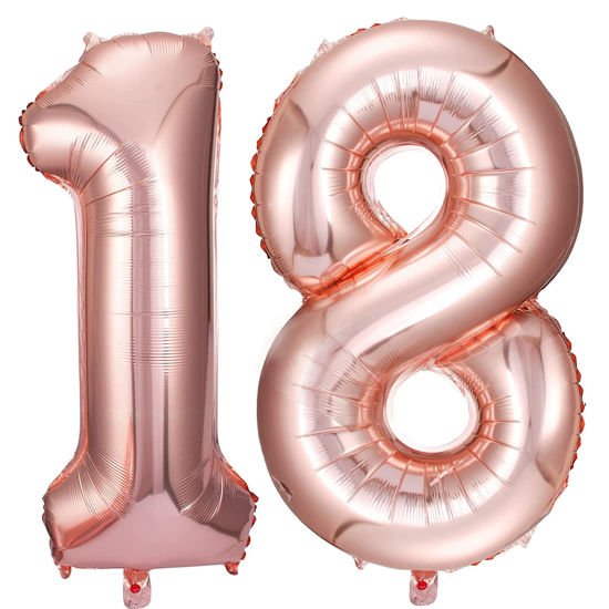 Picture of 18 Number Balloons Rose Gold Big Giant Jumbo Number 18 Foil Mylar Balloons for 18th Birthday Party Supplies 18 Anniversary Events Decorations