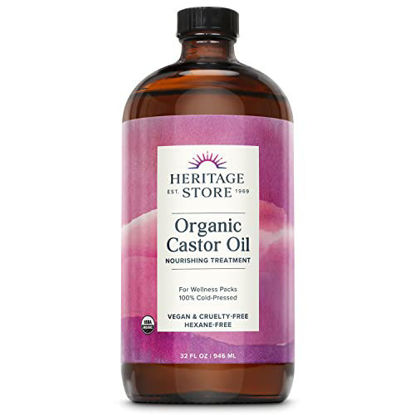 Picture of HERITAGE STORE Organic Castor Oil, Nourishing Hair Treatment, Deep Hydration for Healthy Hair Care, Skin Care, Eyelashes & Brows, Castor Oil Packs, Cold Pressed, Hexane Free, Vegan, Cruelty Free 32oz